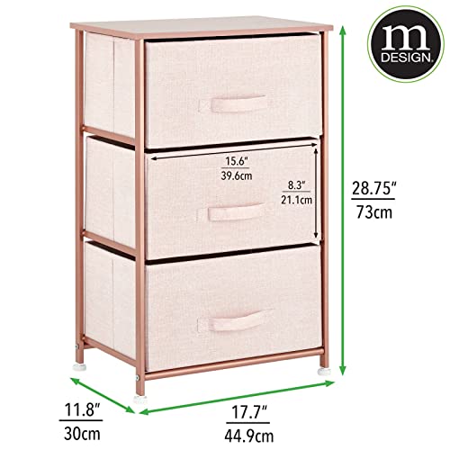 mDesign Steel Top and Frame Storage Dresser Tower Unit with 3 Removable Fabric Drawers for Bedroom, Living Room, or Bathroom - Holds Clothes, Accessories, Lido Collection - Light Pink/Rose Gold