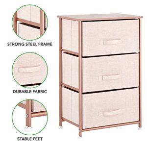 mDesign Steel Top and Frame Storage Dresser Tower Unit with 3 Removable Fabric Drawers for Bedroom, Living Room, or Bathroom - Holds Clothes, Accessories, Lido Collection - Light Pink/Rose Gold