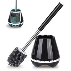 mexerris toilet brush and holder set stainless steel with soft silicone bristle, sturdy cleaning toilet bowl brush set for bathroom storage organization - tweezers included (black)