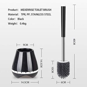 MEXERRIS Toilet Brush and Holder Set Stainless Steel with Soft Silicone Bristle, Sturdy Cleaning Toilet Bowl Brush Set for Bathroom Storage Organization - Tweezers Included (Black)