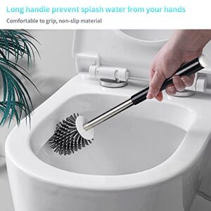 MEXERRIS Toilet Brush and Holder Set Stainless Steel with Soft Silicone Bristle, Sturdy Cleaning Toilet Bowl Brush Set for Bathroom Storage Organization - Tweezers Included (Black)