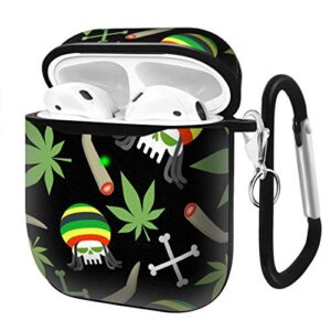 slim form fitted printing pattern cover case with carabiner compatible with airpods 1 and airpods 2 / rasta skull and marijuana leaf pattern