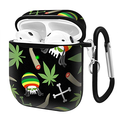 Slim Form Fitted Printing Pattern Cover Case with Carabiner Compatible with Airpods 1 and AirPods 2 / Rasta Skull and Marijuana Leaf Pattern