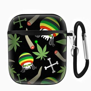 Slim Form Fitted Printing Pattern Cover Case with Carabiner Compatible with Airpods 1 and AirPods 2 / Rasta Skull and Marijuana Leaf Pattern