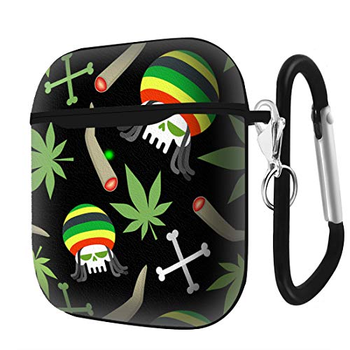 Slim Form Fitted Printing Pattern Cover Case with Carabiner Compatible with Airpods 1 and AirPods 2 / Rasta Skull and Marijuana Leaf Pattern