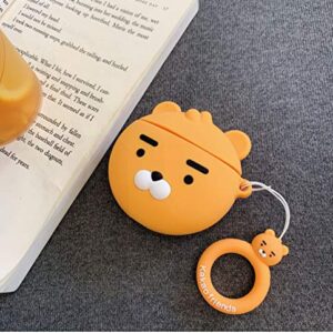 Thick Soft Silicone Lion Case with Finger Strap for Apple Airpods 1 2 Wireless Earbuds Yellow Ryan Head Protective Lovely Fun Girls Kids Son Men Guys Boys