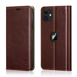 belemay iphone 11 wallet case, iphone 11 case, [genuine cowhide leather case] slim fit folio book flip cover card holder slots, kickstand function, cash pockets compatible iphone 11 (6.1-inch), brown