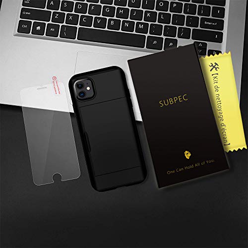 SUPBEC iPhone 11 Case with Card Holder and [Screen Protector Tempered Glass x2Pack] iPhone Wallet Case Cover with Shockproof Silicone TPU + Anti-Scratch Hard PC - Full Protective-2019-6.1"-Black