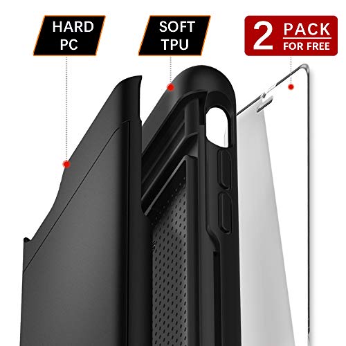 SUPBEC iPhone 11 Case with Card Holder and [Screen Protector Tempered Glass x2Pack] iPhone Wallet Case Cover with Shockproof Silicone TPU + Anti-Scratch Hard PC - Full Protective-2019-6.1"-Black