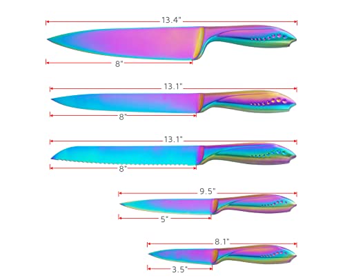 WELLSTAR Kitchen Knife Set 5 Piece, Razor Sharp German Stainless Steel Blade and Comfortable Handle with Rainbow Titanium Coated, Chef Carving Bread Utility Paring for Cutting and Peeling, Gift Box