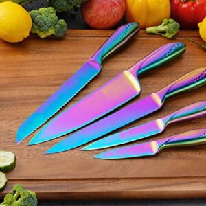 WELLSTAR Kitchen Knife Set 5 Piece, Razor Sharp German Stainless Steel Blade and Comfortable Handle with Rainbow Titanium Coated, Chef Carving Bread Utility Paring for Cutting and Peeling, Gift Box