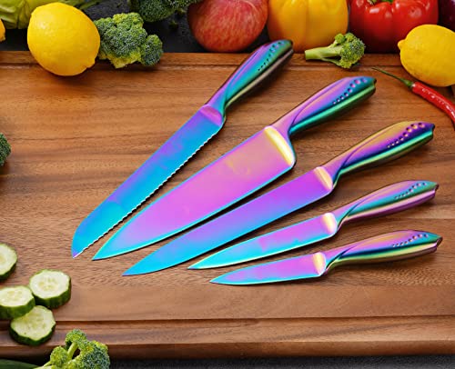 WELLSTAR Kitchen Knife Set 5 Piece, Razor Sharp German Stainless Steel Blade and Comfortable Handle with Rainbow Titanium Coated, Chef Carving Bread Utility Paring for Cutting and Peeling, Gift Box