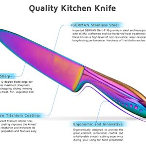 WELLSTAR Kitchen Knife Set 5 Piece, Razor Sharp German Stainless Steel Blade and Comfortable Handle with Rainbow Titanium Coated, Chef Carving Bread Utility Paring for Cutting and Peeling, Gift Box