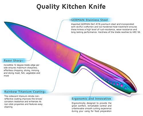 WELLSTAR Kitchen Knife Set 5 Piece, Razor Sharp German Stainless Steel Blade and Comfortable Handle with Rainbow Titanium Coated, Chef Carving Bread Utility Paring for Cutting and Peeling, Gift Box