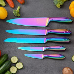 WELLSTAR Kitchen Knife Set 5 Piece, Razor Sharp German Stainless Steel Blade and Comfortable Handle with Rainbow Titanium Coated, Chef Carving Bread Utility Paring for Cutting and Peeling, Gift Box