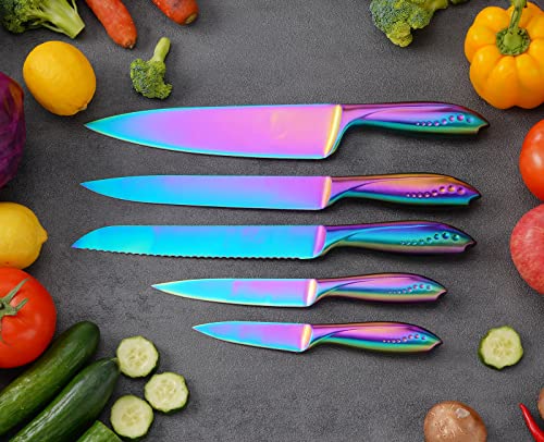 WELLSTAR Kitchen Knife Set 5 Piece, Razor Sharp German Stainless Steel Blade and Comfortable Handle with Rainbow Titanium Coated, Chef Carving Bread Utility Paring for Cutting and Peeling, Gift Box