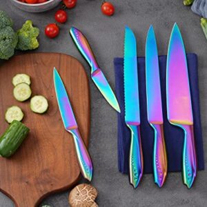 WELLSTAR Kitchen Knife Set 5 Piece, Razor Sharp German Stainless Steel Blade and Comfortable Handle with Rainbow Titanium Coated, Chef Carving Bread Utility Paring for Cutting and Peeling, Gift Box