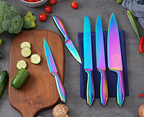 WELLSTAR Kitchen Knife Set 5 Piece, Razor Sharp German Stainless Steel Blade and Comfortable Handle with Rainbow Titanium Coated, Chef Carving Bread Utility Paring for Cutting and Peeling, Gift Box