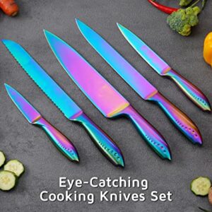 WELLSTAR Kitchen Knife Set 5 Piece, Razor Sharp German Stainless Steel Blade and Comfortable Handle with Rainbow Titanium Coated, Chef Carving Bread Utility Paring for Cutting and Peeling, Gift Box