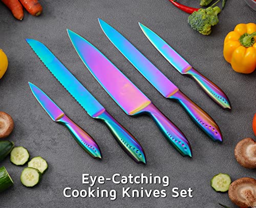 WELLSTAR Kitchen Knife Set 5 Piece, Razor Sharp German Stainless Steel Blade and Comfortable Handle with Rainbow Titanium Coated, Chef Carving Bread Utility Paring for Cutting and Peeling, Gift Box