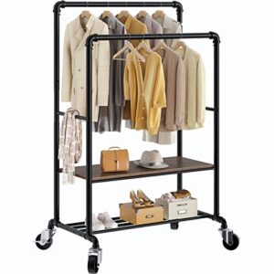 greenstell clothes rack with shelves, industrial pipe style rolling garment rack, heavy duty double rods clothes hanging rack, adjustable height durable coat rack for organizing clothes and shoes