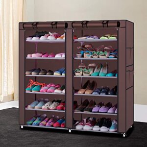 Simply-Me Portable Shoe Rack Double Rows 12 Lattices Shoe Cabinet Combination Closet with Fabric Cover Shoe Storage Organizer Shelf Coffee