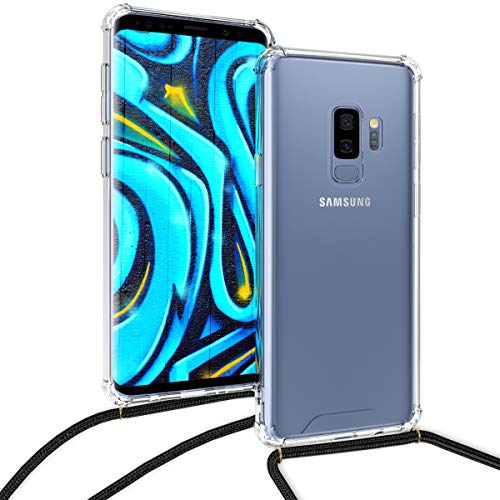 kwmobile Crossbody Case Compatible with Samsung Galaxy S9 Plus Case - Clear TPU Phone Cover w/Lanyard Cord Strap - Black/Transparent