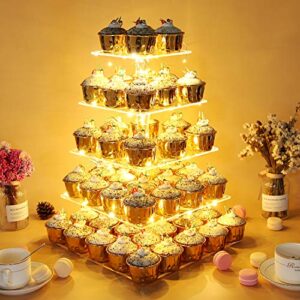 vdomus 5-tier acrylic cup cake stand display tower with led string lights, dessert tree tower display tiered cupcake stand holder platter for birthday wedding party celebration, warm