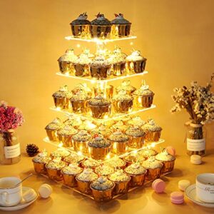 Vdomus 5-Tier Acrylic Cup Cake Stand Display Tower with LED String Lights, Dessert Tree Tower Display Tiered Cupcake Stand Holder Platter for Birthday Wedding Party Celebration, Warm