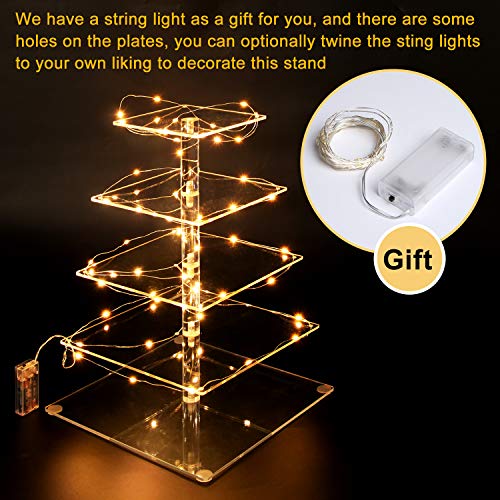 Vdomus 5-Tier Acrylic Cup Cake Stand Display Tower with LED String Lights, Dessert Tree Tower Display Tiered Cupcake Stand Holder Platter for Birthday Wedding Party Celebration, Warm