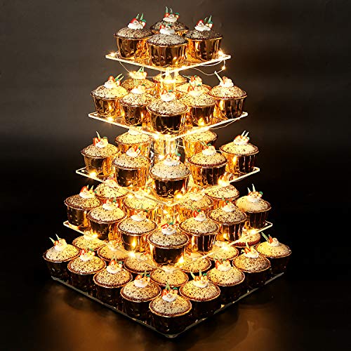 Vdomus 5-Tier Acrylic Cup Cake Stand Display Tower with LED String Lights, Dessert Tree Tower Display Tiered Cupcake Stand Holder Platter for Birthday Wedding Party Celebration, Warm