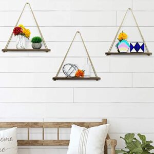 EXCELLO GLOBAL PRODUCTS Rustic Distressed Wood Hanging Shelves: 17-Inch with Swing Rope Floating Shelves (Black - Pack of 3)