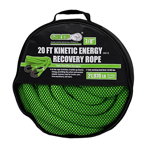 Grip 20 ft x 7/8 in Kinetic Energy Recovery Rope - Mesh Netting Storage Bag - Breaking Capacity: 21,970 lbs - Truck, ATV, Jeep, UTV, Tractor - Emergency, Towing, Offroad