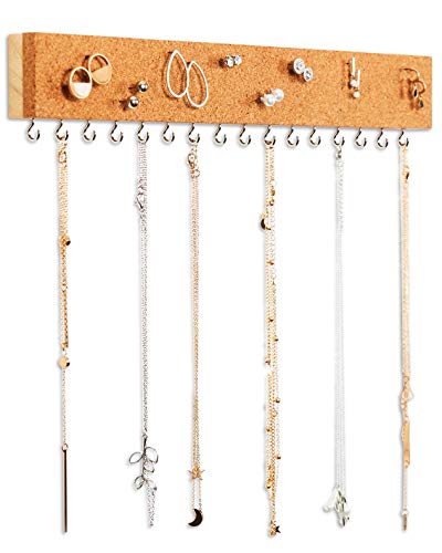 Stud Earring Organizer Hanging Holder with Cork Board - Wall Mount Jewelry Organizers - Necklace Display Rack - Mounted Cork Jewelry Display - Storage Hanger for Necklaces and Stud Earrings