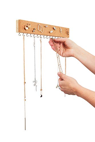 Stud Earring Organizer Hanging Holder with Cork Board - Wall Mount Jewelry Organizers - Necklace Display Rack - Mounted Cork Jewelry Display - Storage Hanger for Necklaces and Stud Earrings