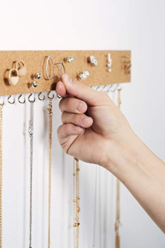 Stud Earring Organizer Hanging Holder with Cork Board - Wall Mount Jewelry Organizers - Necklace Display Rack - Mounted Cork Jewelry Display - Storage Hanger for Necklaces and Stud Earrings