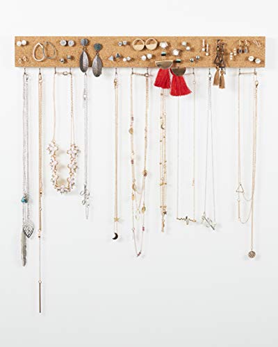 Stud Earring Organizer Hanging Holder with Cork Board - Wall Mount Jewelry Organizers - Necklace Display Rack - Mounted Cork Jewelry Display - Storage Hanger for Necklaces and Stud Earrings