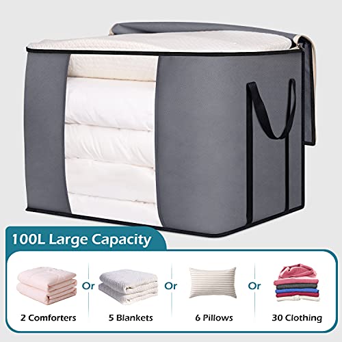 SLEEPING LAMB 100L Large Comforter Storage Bag for Closet Clothes Storage Containers for Duvets Blankets Bedding Sheets Pillows, with Reinforced Handles, 3 Pack, Grey