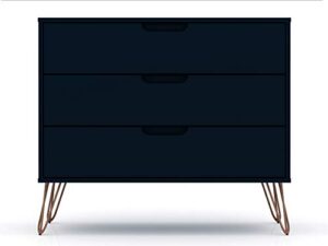 manhattan comfort rockefeller mid-century modern 3 drawer bedroom dresser, 17.52" l x 35.24" w x 30.82", midnight blue