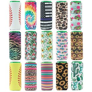 haimay 15 pieces slim beer can sleeves beer can cooler covers fit for 12oz slim energy drink beer cans, classic styles