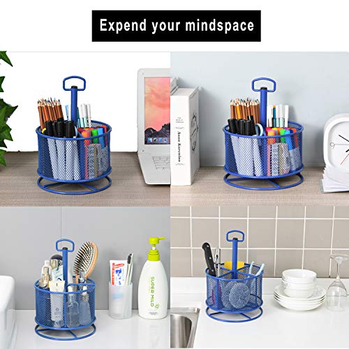 Marbrasse Mesh Desk Organizer, 360-Degree Rotating Multi-Functional Pen Holder, 4 Compartments Desktop Stationary Organizer, Home Office Art Supply Storage Box Caddy (Blue)