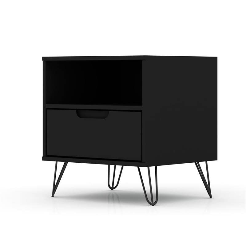 Manhattan Comfort Rockefeller Mid-Century Modern 1 Drawer Bedroom Nightstand, 20.08", Black