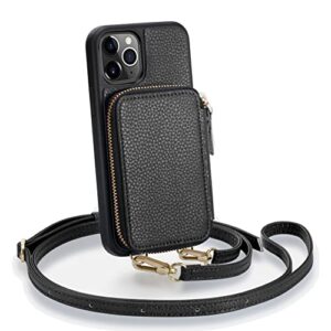zve iphone 11 pro wallet case, iphone 11 pro case with credit card holder slot crossbody handbag purse wrist strap zipper leather case cover for apple iphone 11 pro 5.8 inch 2019 - black