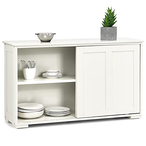 Costzon Kitchen Sideboard, Antique Stackable Storage Cabinet with Height Adjustable Shelf,Sliding Door,Wooden Cupboard Server Buffet Console Table for Home Dining Room Entryway (Cream White)