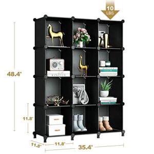 GREENSTELL Closet Organizer, 12-Cube Storage Organizer with Rubber Mallet, Portable Closet Storage Shelves, Clothing Storage for Kids, Closet, Bedroom, Bathroom, Office (11.8x11.8x11.8 inch), Black