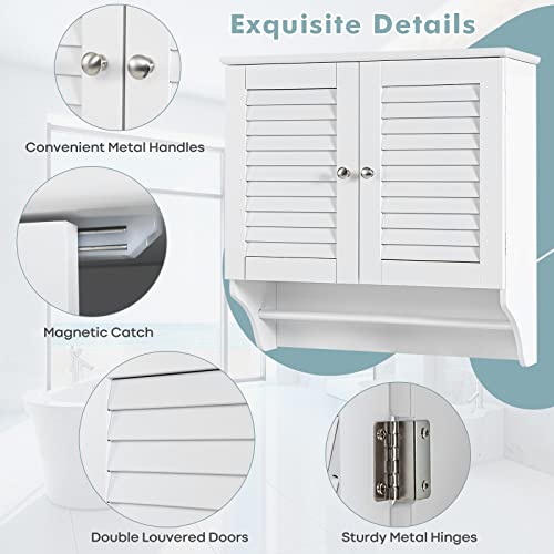 Tangkula Bathroom Medicine Cabinet, Wall Mounted Double Louvered Doors Storage Cabinet with Height Adjustable Shelf and Bar, Hanging Storage Bathroom Cabinet Organizer, White