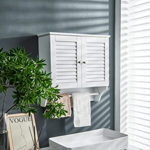 Tangkula Bathroom Medicine Cabinet, Wall Mounted Double Louvered Doors Storage Cabinet with Height Adjustable Shelf and Bar, Hanging Storage Bathroom Cabinet Organizer, White
