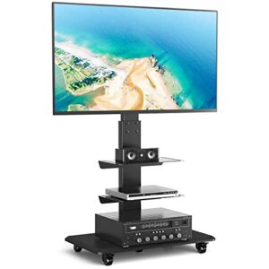 rfiver rolling floor tv stand with swivel mount for 40-75 inch flat screen/curved tvs, 3-shelf heavy duty portable mobile tv cart with wheels, black universal tall tv mount trolley for home and office