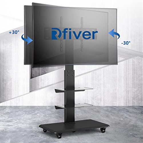 Rfiver Rolling Floor TV Stand with Swivel Mount for 40-75 Inch Flat Screen/Curved TVs, 3-Shelf Heavy Duty Portable Mobile TV Cart with Wheels, Black Universal Tall TV Mount Trolley for Home and Office