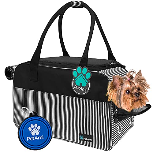 PetAmi Airline Approved Dog Purse Carrier | Soft-Sided Pet Carrier for Small Dog, Cat, Puppy, Kitten | Portable Stylish Pet Travel Handbag | Ventilated Breathable Mesh, Sherpa Bed (Stripe Black)